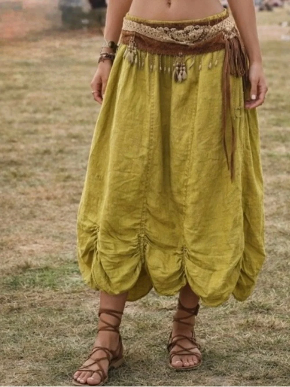 Bohemian Linen Gathered Bubble-Hem Maxi Skirt in Black Lagenlook - Picture 1 of 10